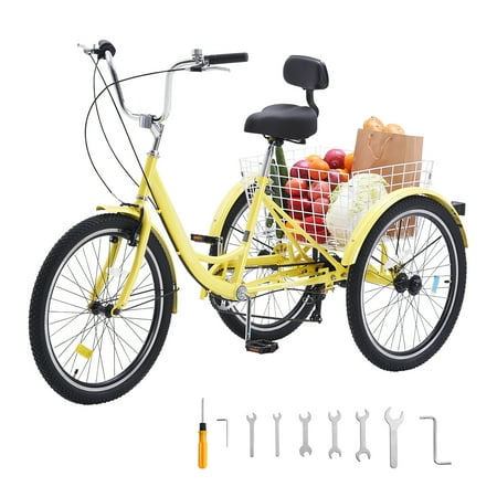 KFFKFF Adult 26" 7 Speed Adjustable Seat Tricycle with Rear Basket, Yellow