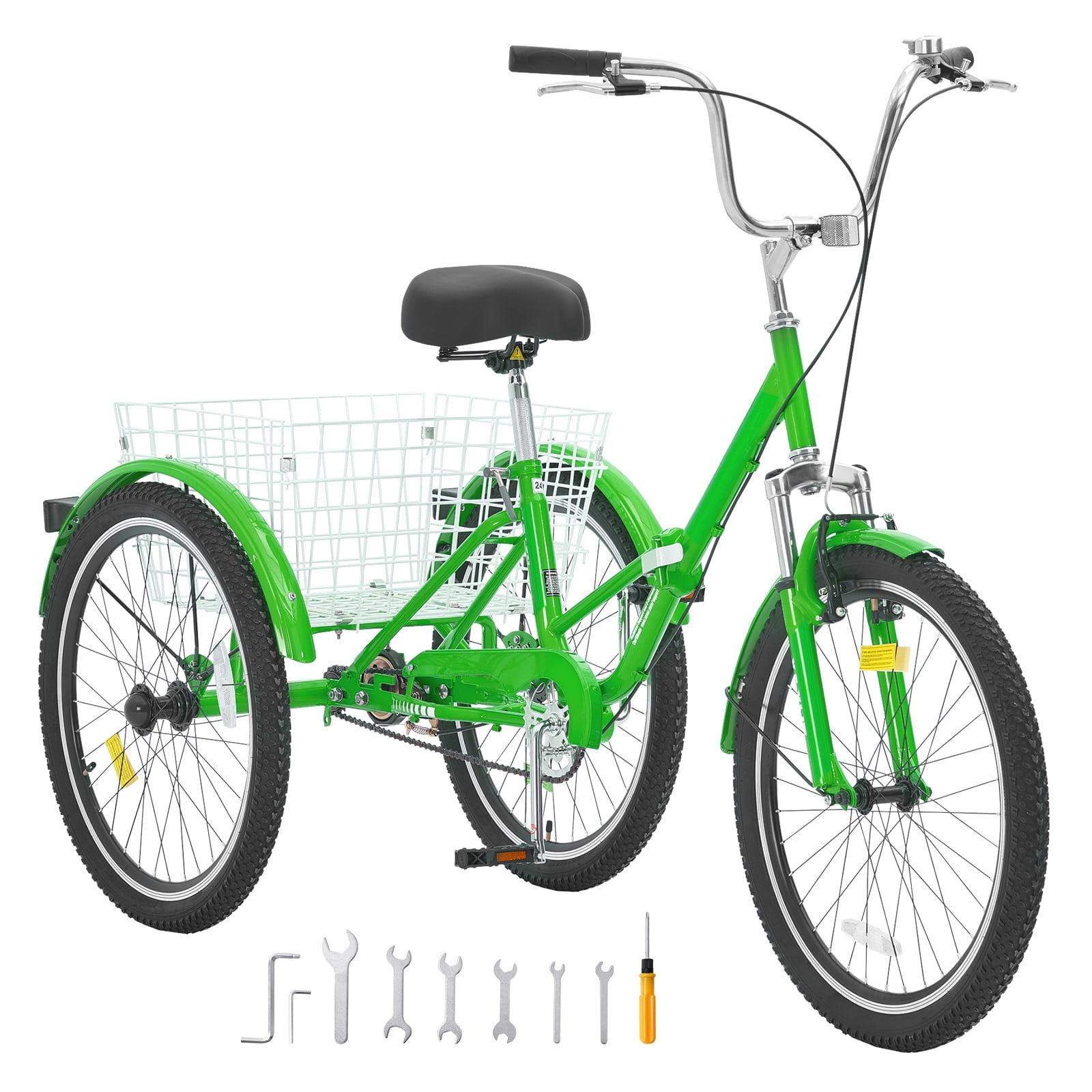 SKYSHALO Adult Foldable Tricycle, 24" Carbon Steel Three-Wheeled Cruiser with Spacious Basket & Customizable Seat, Ideal for Shopping & Picnics, Suitable for Adults & Elderly (Green)