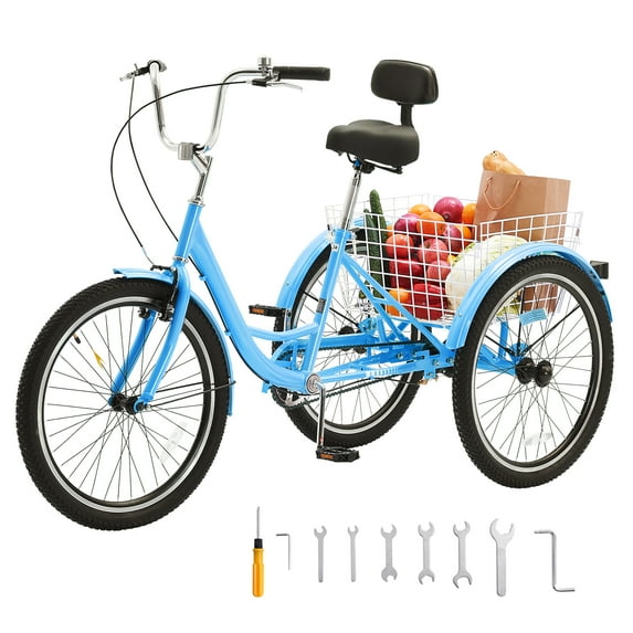 KFFKFF Adult Three-Wheel Bicycle 1 Speed 20/24/26 Inch Tricycles, Trike with Carbon Steel Frame, Includes Basket & Adjustable Seat, Ideal for Picnic & Shopping, Suitable for Seniors, Women, Men