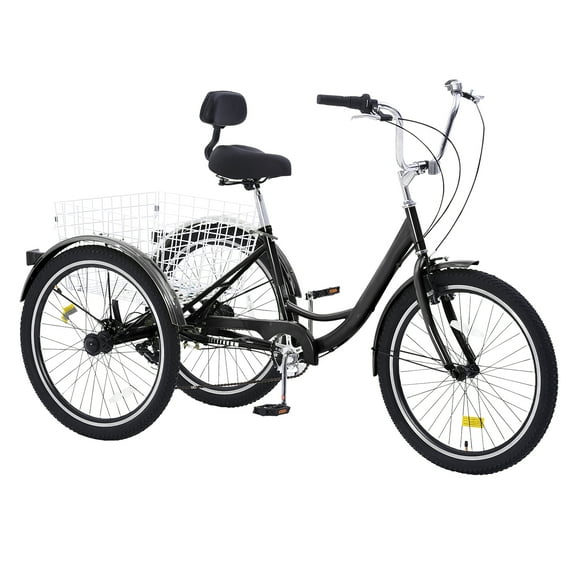 KFFKFF Adult Tricycles 7 Speed 20/24/26 Inch, Cruiser Trike with Carbon Steel Frame, Carrying Basket & Adjust Seat, Ideal for Picnic & Shopping, Suitable for Seniors, Women, Men - 20" Black