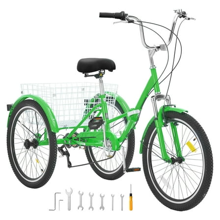 SKYSHALO Adult Tricycles 7 Speed 20/24/26 Inch, Cruiser Trike with Carbon Steel Frame, Carrying Basket & Adjust Seat, Ideal for Picnic & Shopping, Suitable for Seniors, Women, Men - 24" Green