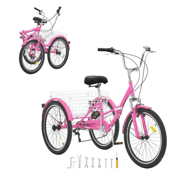 SKYSHALO Adult Tricycles 7 Speed 20/24/26 Inch, Cruiser Trike with Carbon Steel Frame, Carrying Basket & Adjust Seat, Ideal for Picnic & Shopping, Suitable for Seniors, Women, Men - 24" Pink