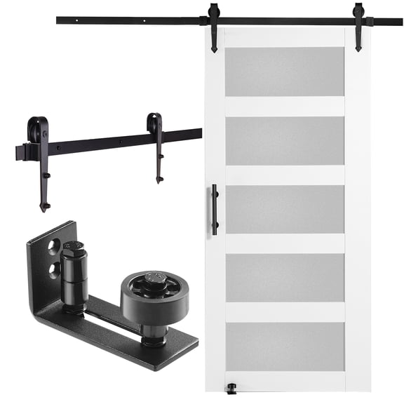 KFFKFF Barn Door and Hardware Kit 42" X 84", 5 Frosted Glass, Spruce Wood Slab, Barn Door Track With 8-in-1 Floor Guide and Door Handle