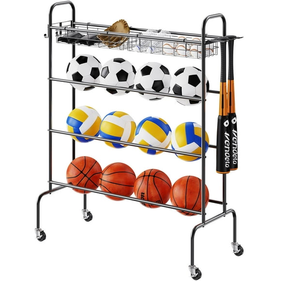 KFFKFF Basketball Rack with Wheels 4 Tier Rolling Ball Storage Shooting Training Stand with Hook Basket, Sports Equipment Storage Basketball Holder for Volleyball, Football and Basketball