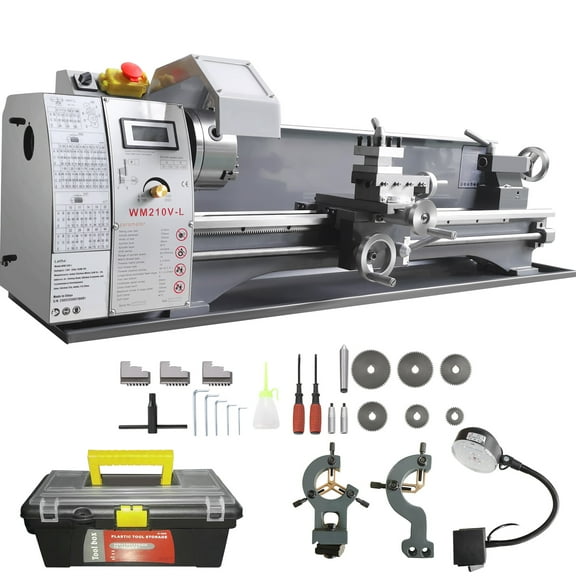 SKYSHALO Benchtop Metal Lathe, 8.3'' x 29.5'', designed for precise metalworking. Features a 0-2500 RPM variable speed, 750W brushless motor, and durable metal gears. Includes a tool box.