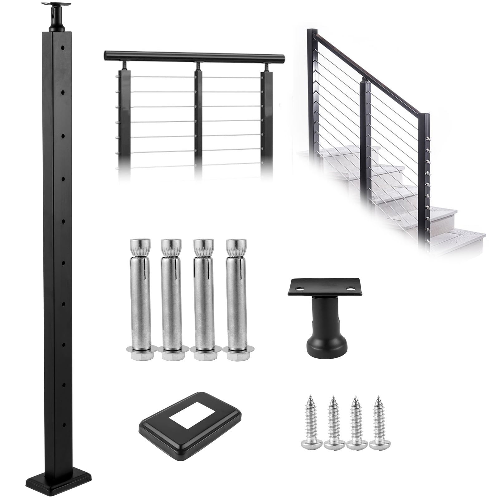 KFFKFF Cable Railing Posts Horizontal Deck Stair Posts 42 x 1.97 x 1.97 inches Cable Railing Posts Stainless Steel Brushed Finish Deck Railing Predrilled Piles with Mounting Brackets Stair Railing