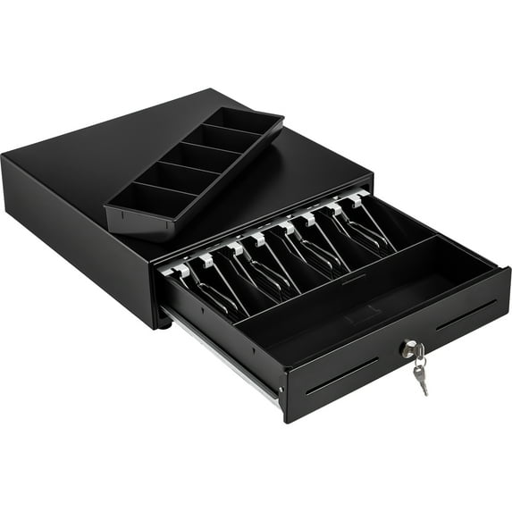 KFFKFF Cash Register Drawer, 13" 2 Unlocking Ways, Fully Removable Design with 4 Bill 5 Coin Cash Tray, 2 Keys Included, Compact Size Cash Registers for Supermarket, Bar, Coffee Shop, Restaurant