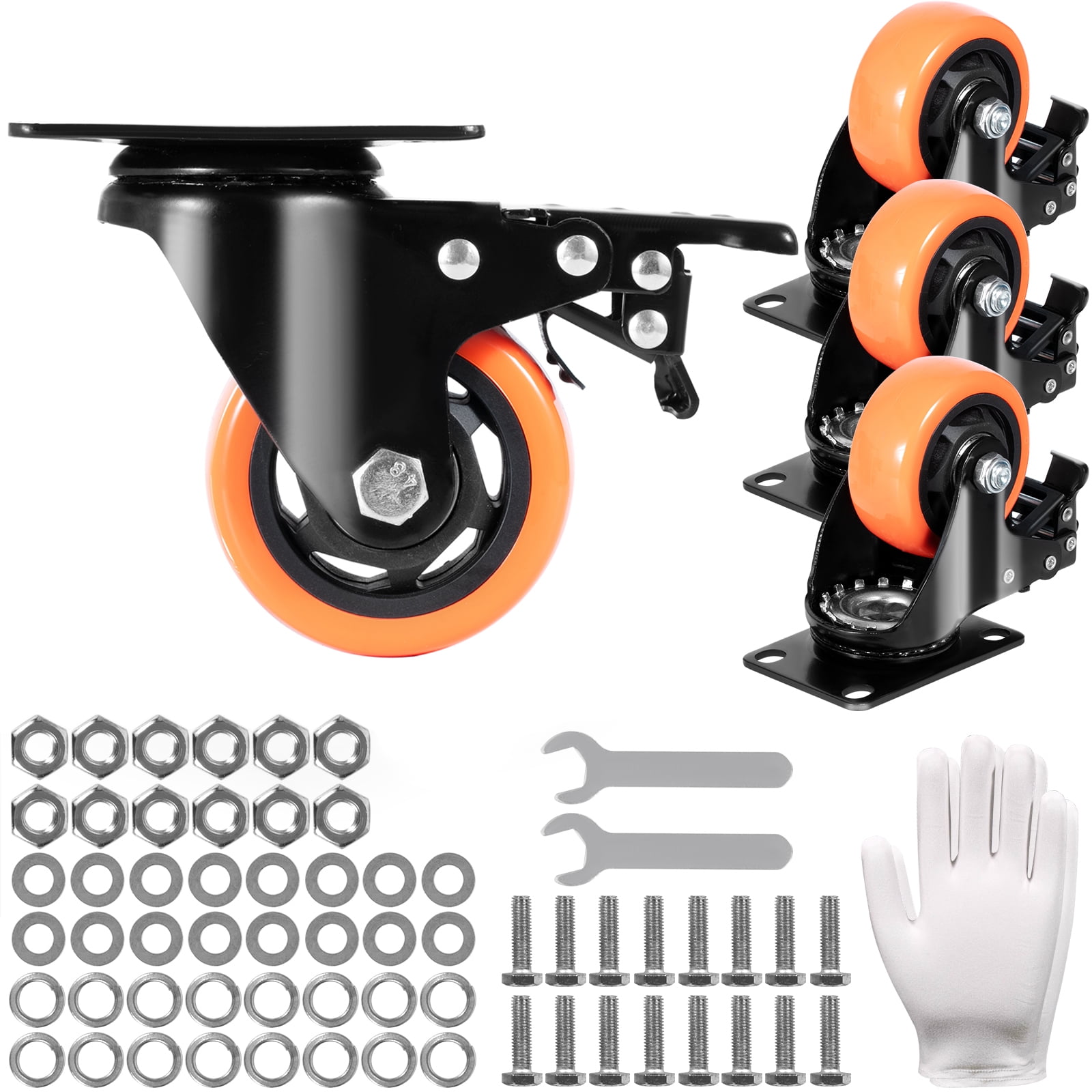 Heavy Duty 3" Black and Orange Swivel Plate Casters with Locking Brake, 4 Pack
