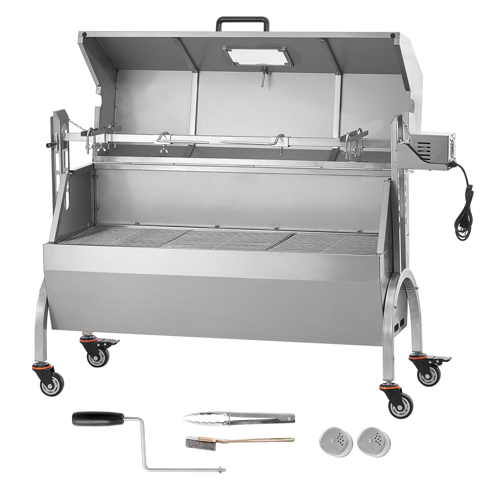 KFFKFF BBQ Charcoal Grill, 46" Length Stainless Steel Roaster, Suitable for Whole Pig, Lamb, Goat, 132Lbs Load with Electric 52W Motor, Viewing Window, Wheels and Locks for Outdoor Picnic, Backyard