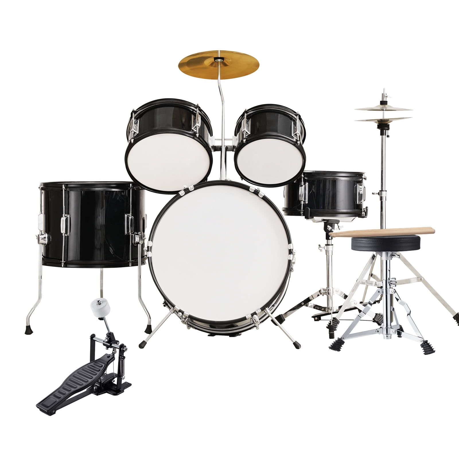 KFFKFF Children's Drum Kit, 5-Piece , 16 '', Complete Starter Set including Bass, Toms, Snare, Floor Drum, Adjustable Seat, Cymbal, Hi-Hat, Pedal, & KFFKFF Children's Drum Kit, 5-Piece , 16 '', Complete Starter Set including Bass, Toms, Snare, Floor Drum, Adjustable Seat, Cymbal, Hi-Hat, Pedal, &