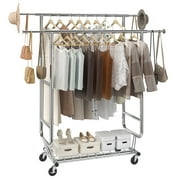 KFFKFF Clothes Rack 600 lbs Commercial Grade Heavy Duty Clothing Garment Rack with Shelves Adjustable Collapsible Clothing Racks on Wheels with Double Hanging Rod Chrome Finish