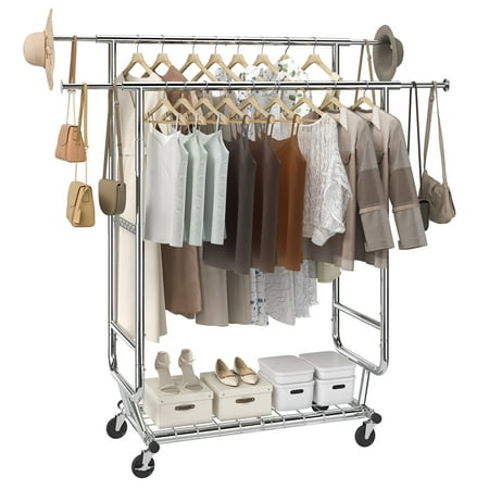 KFFKFF Clothes Rack 600 lbs Commercial Grade Heavy Duty Clothing Garment Rack with Shelves Adjustable Collapsible Clothing Racks on Wheels with Double Hanging Rod Chrome Finish