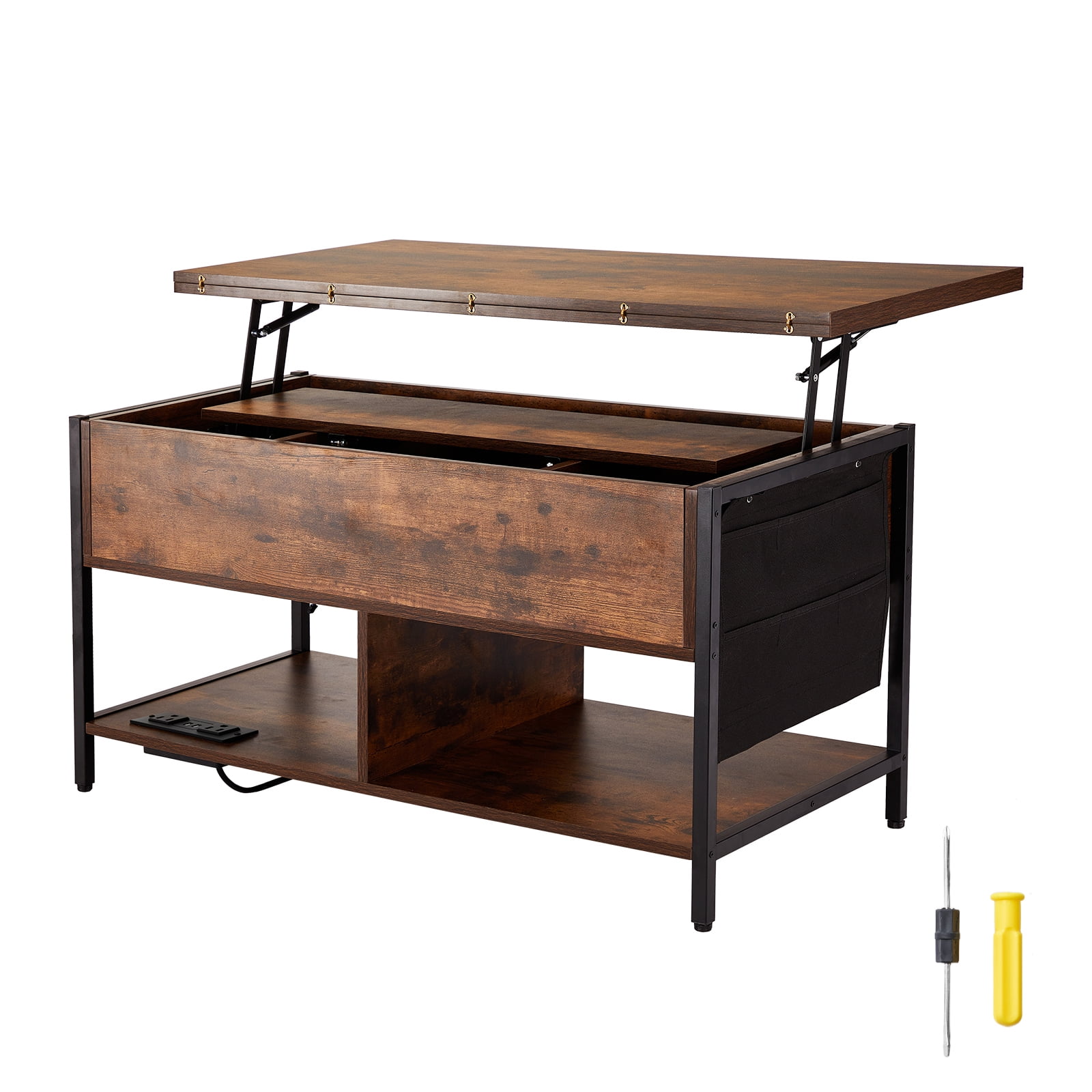 KFFKFF Coffee Table with Lift Top, 39.4 in Rectangular Design, Includes Additional Storage Compartments, Features Flip Top, Power Outlets, USB Ports & Soft Glow Lights, Ideal for Living Spaces