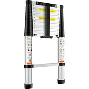 KFFKFF Collapsible Aluminum Ladder, 12.5 FT with One-button Retraction, Supports up to 375 LBS, Features Non-slip Feet, Ideal for Home, RV, Loft Use, Compact and Portable, ANSI Certified