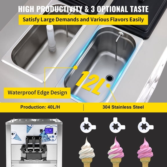 KFFKFF Commercial Ice Cream Maker 2500W Commercial Ice Cream Machine with Two 12L Hoppers Soft Serve Machine with 3 Flavors Compressor Soft Ice Cream Machine with LCD Panel