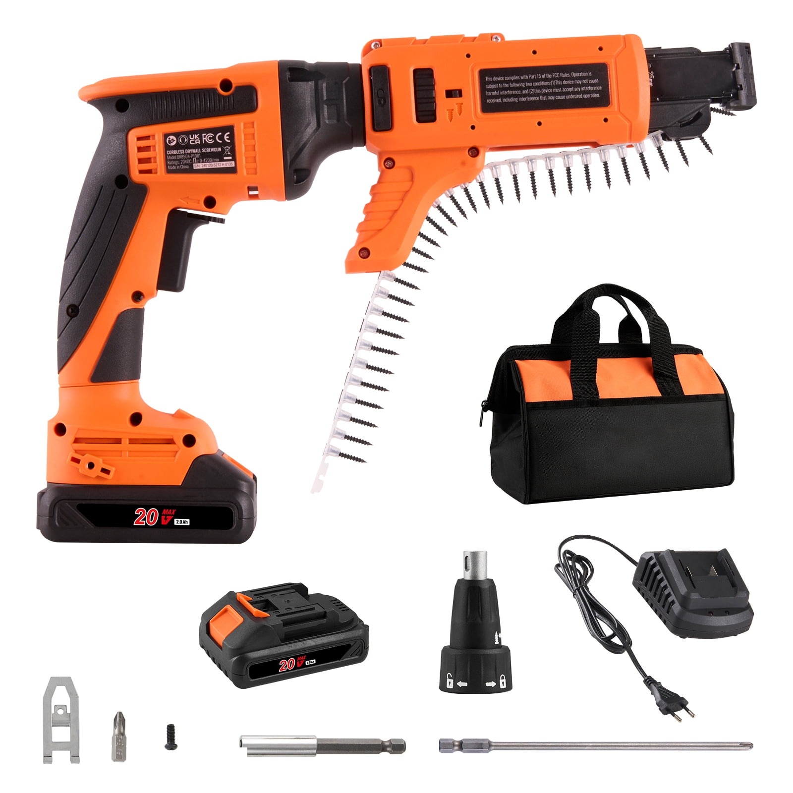 KFFKFF Cordless Drywall Screwdriver, 20V Auto-Feed, 4200RPM Brushless Motor, Includes 2 Batteries, Charger, Belt Clip, Tool Bag, Adjustable Screw Length \u0026 Depth