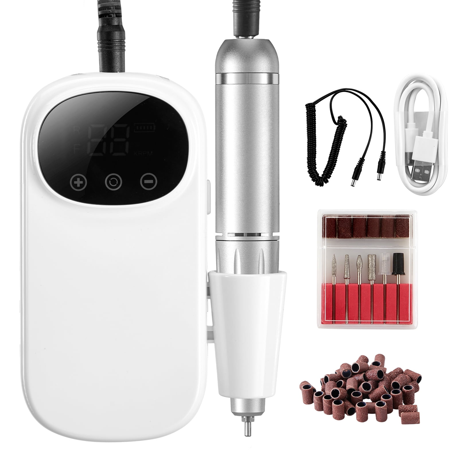 KFFKFF Cordless Electric Nail Drill, 35,000RPM, Portable E File Device with LCD Screen, Acrylic & Gel Nail Grinder Kit, Includes 6 Attachments & 50 Sanding Bands for Nail Art, Carving & Polishing