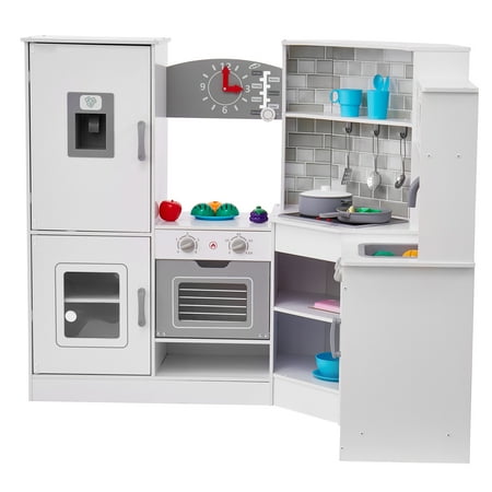 SKYSHALO Corner Play Kitchen Set, Wooden Toy with Lighting & Sound Effects, Includes Ice Machine, Oven, Sink, Clock, Microwave, Fridge & Accessories, Ideal for Young Children & Preschoolers, White