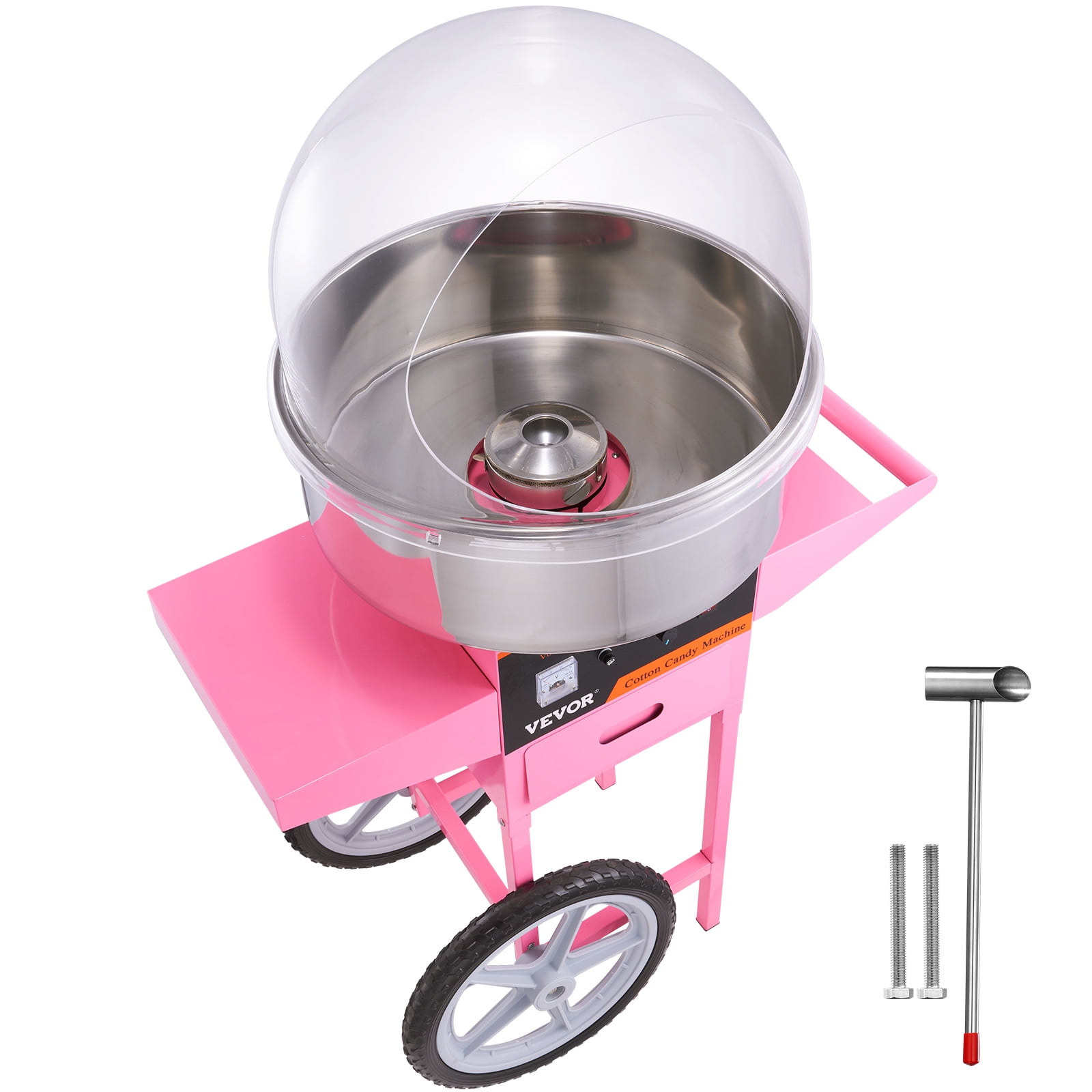 KFFKFF Cotton Candy Machine Cart with Transparent Cover , 21 Inch 1000W Commercial Floss Maker with Stainless Steel Bowl, Sugar Scoop and Drawer for Family Party Pink