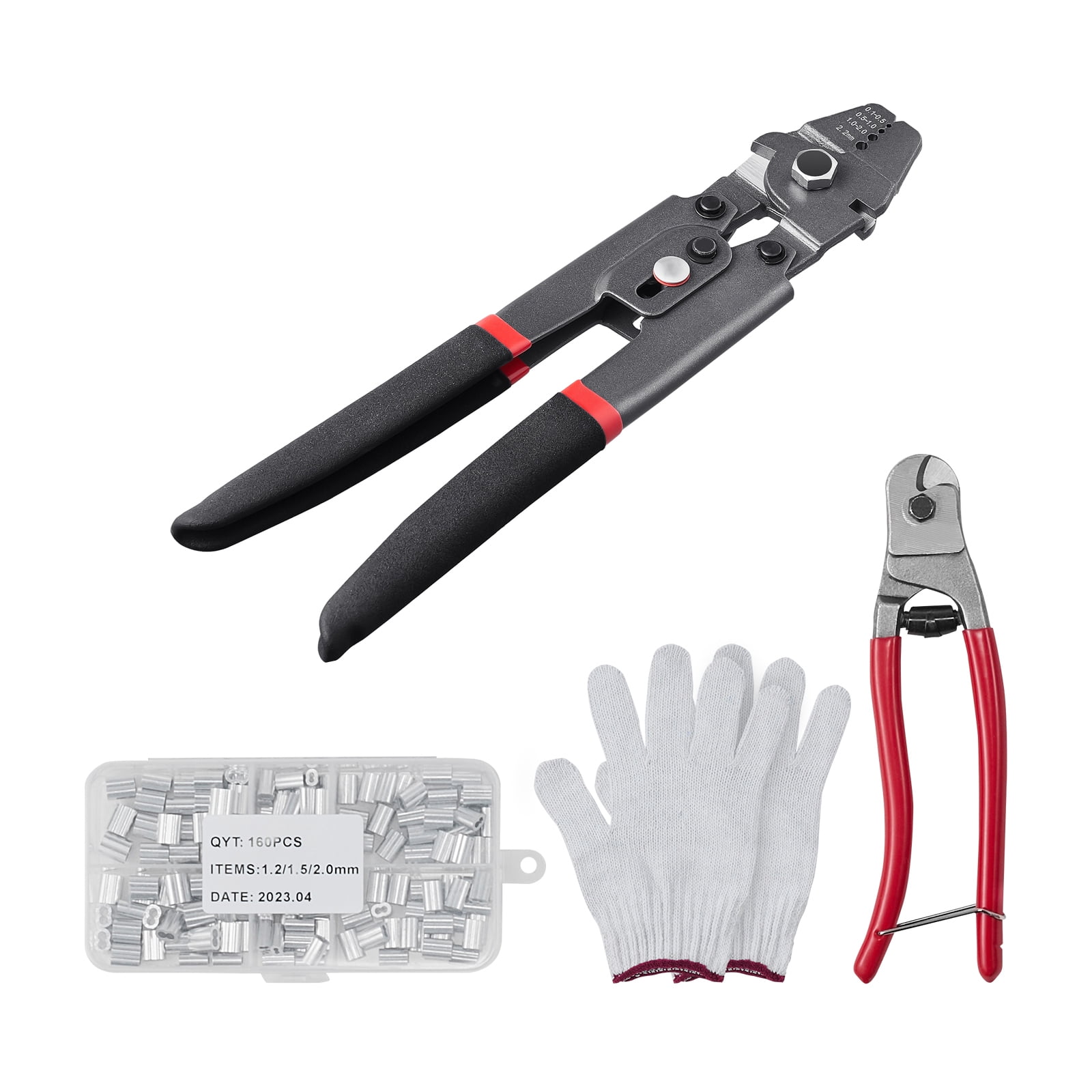 SKYSHALO Crimping Tool, Up To 2.2mm Wire Rope Crimping Tool, 1/64 - 3/32  Crimping Loop Sleeve Kit with a Cable Cutter and 160pcs Aluminum Buckles,  Teflon Coating Anti-Rust Fishing Crimping Tool 