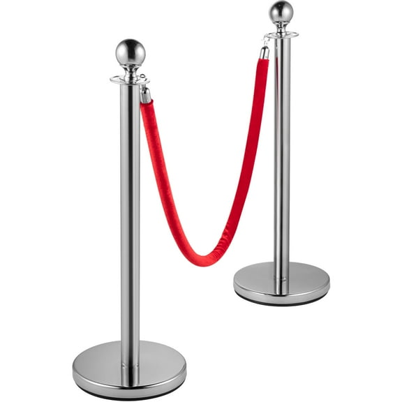 KFFKFF Crowd Control Stanchion, Set of 8 Pieces Stanchion Set, Stanchion Set with 5 ft/1.5 m Red Velvet Rope, Silver Crowd Control Barrier w/Sturdy Concrete and Metal Base Easy Connect Assembly