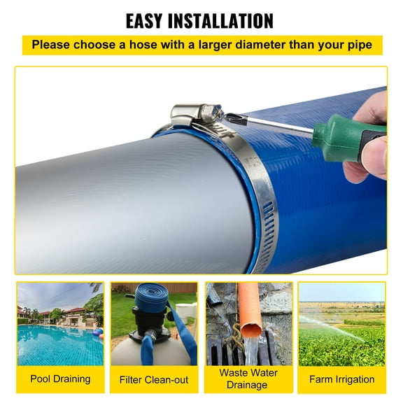 KFFKFF Discharge Hose, PVC Fabric Lay Flat Hose, Weather-proof & Burst-proof, Heavy Duty Backwash Drain Hose with Clamps, Ideal for Swimming Pool & Water Transfer, Blue , 2" x 105',