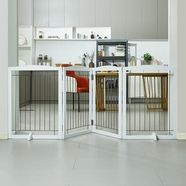 KFFKFF Dog Gate Freestanding, 32" H x 96.5" W Foldable Dog Fence for House Extra Wide Wooden White Indoor Puppy Gate Stairs Doorways Pet Gate Tall Dog Fence 4 Panels Fence, White