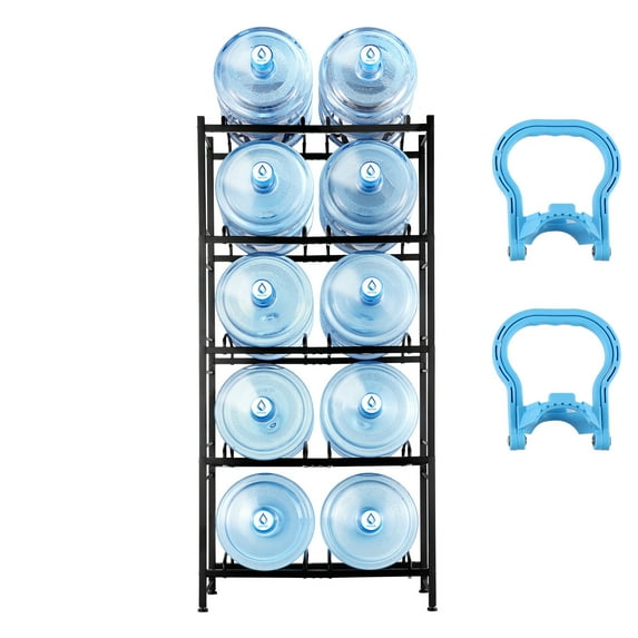 KFFKFF Double-Row 5-Tier Water Bottle Organizer, Accommodates 10 Five-Gallon Jugs, Sturdy Metal Frame for Kitchen, Office, or Living Space, Black