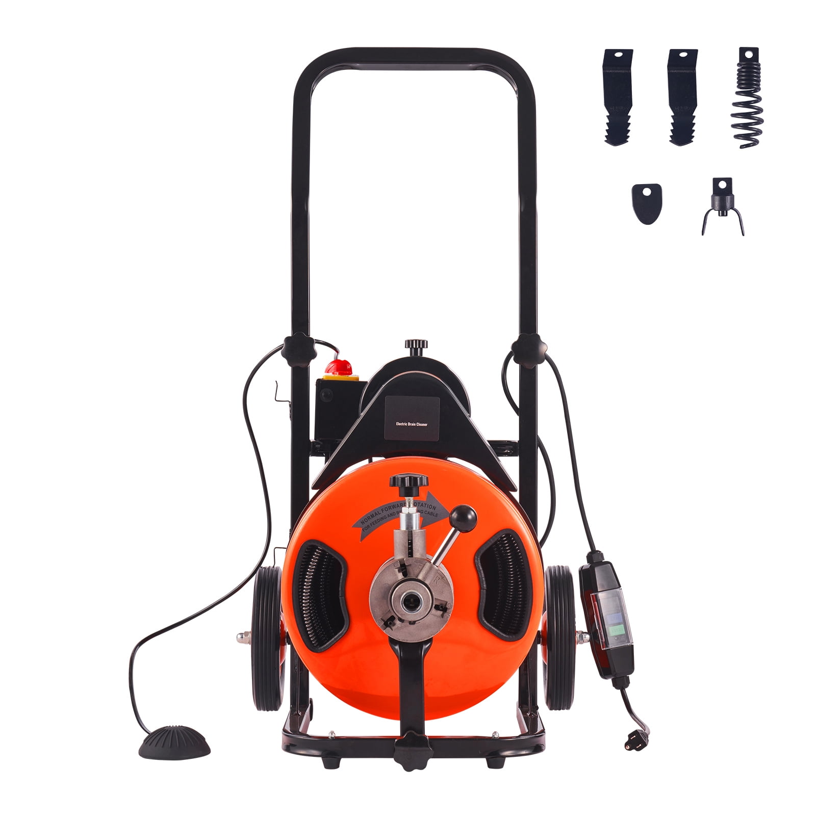 KFFKFF Drain Cleaner Machine 100 FT x 1/2 " , Sewer Auger Auto Feed with 4 Cutter & Air-activated Foot Switch for 1" to 4" Pipes, Orange, Black