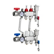 KFFKFF Dual-Branch Hydronic Floor Heating Manifold, Stainless Steel, Compatible with 1/2" PEX Pipes, Includes Adapters for Radiant Floor Heating Systems