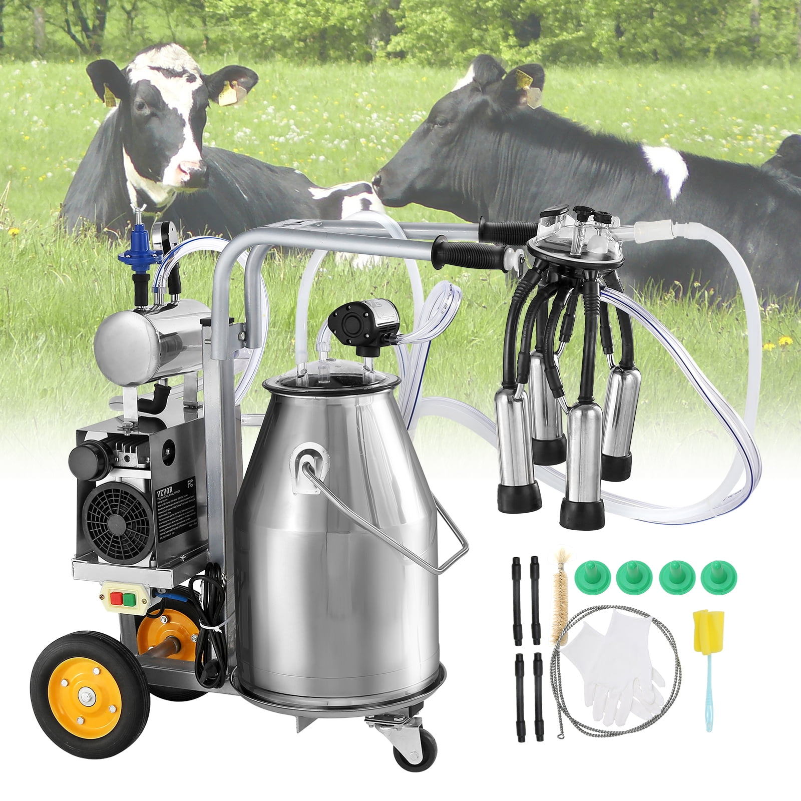 SKYSHALO Electric Milking Machine, 25L Vacuum Pump Single Barrel Milking Equipment 304 Stainless Steel Bucket Milker for Cows Only