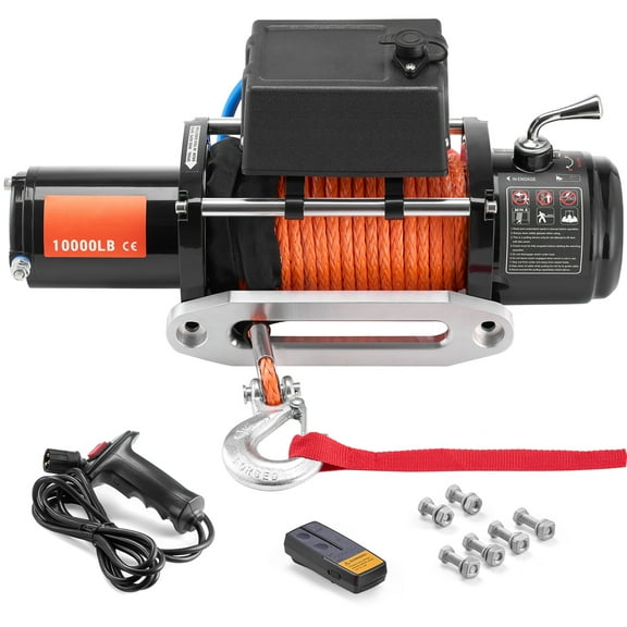 SKYSHALO Electric Winch, 10,000 lb Capacity, 12V DC for Trucks, with 7/20 in x 65 ft Synthetic Rope, Aluminum Fairlead, Remote Control Options, IP55 Water Resistance, Ideal for SUV