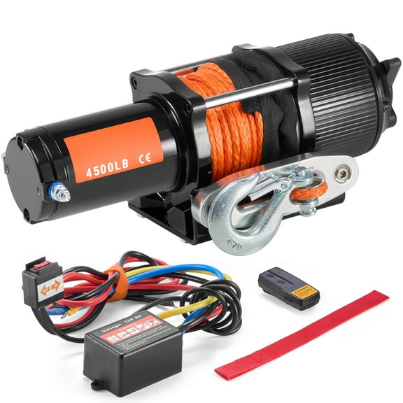SKYSHALO Electric Winch, 4500 lb Pulling Power, 12V DC for ATVs/UTVs, with Φ1/4 in x 39 ft 12-Strand Synthetic Rope, Aluminum Fairlead, Remote Controls, IP55 Water Resistance
