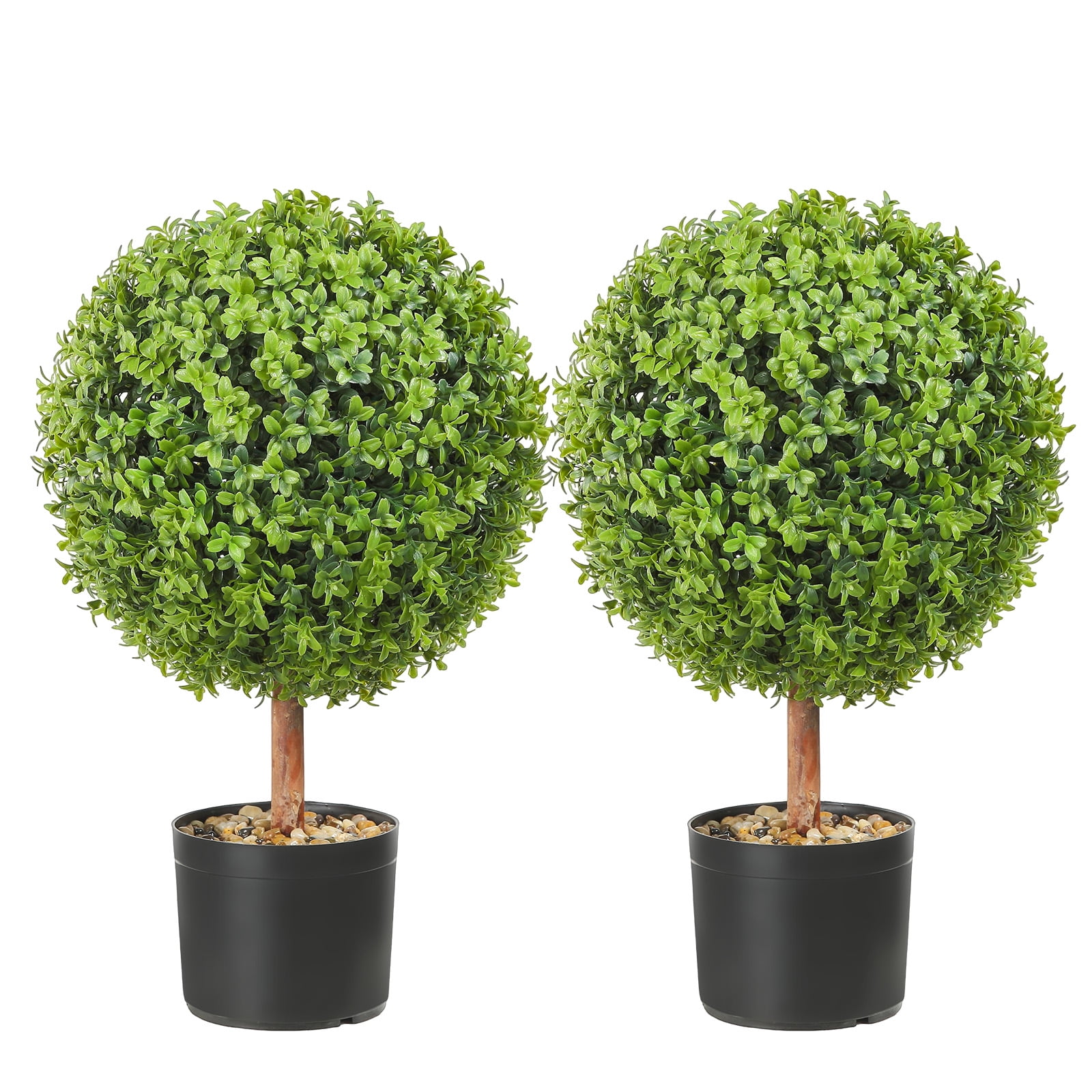 24" Green Plastic Boxwood Topiary Trees with Black Planters, Set of 2