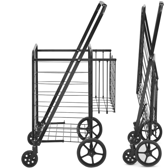 KFFKFF Folding Shopping Cart Rolling Grocery Cart with Double Baskets 110 lbs