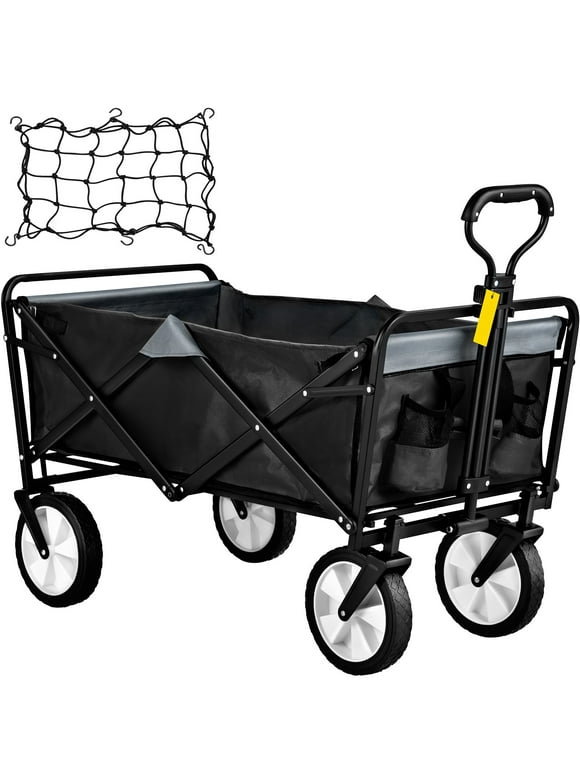 SKYSHALO Folding Wagon Cart, 176 lbs Load, Outdoor Utility Collapsible Wagon w/ Adjustable Handle & Universal Wheels, Portable for Camping, Grocery, Beach, Red & Gray