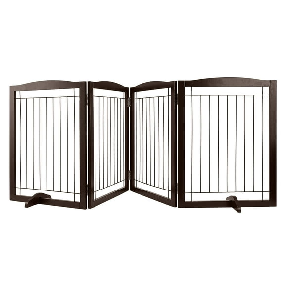 KFFKFF Freestanding Pet Barrier, 32" Height x 96.5" Width, 4-Panel Folding Dog Gate for Various Openings, Expandable and Quiet Foot-Supported Indoor Dog Fence, Brown