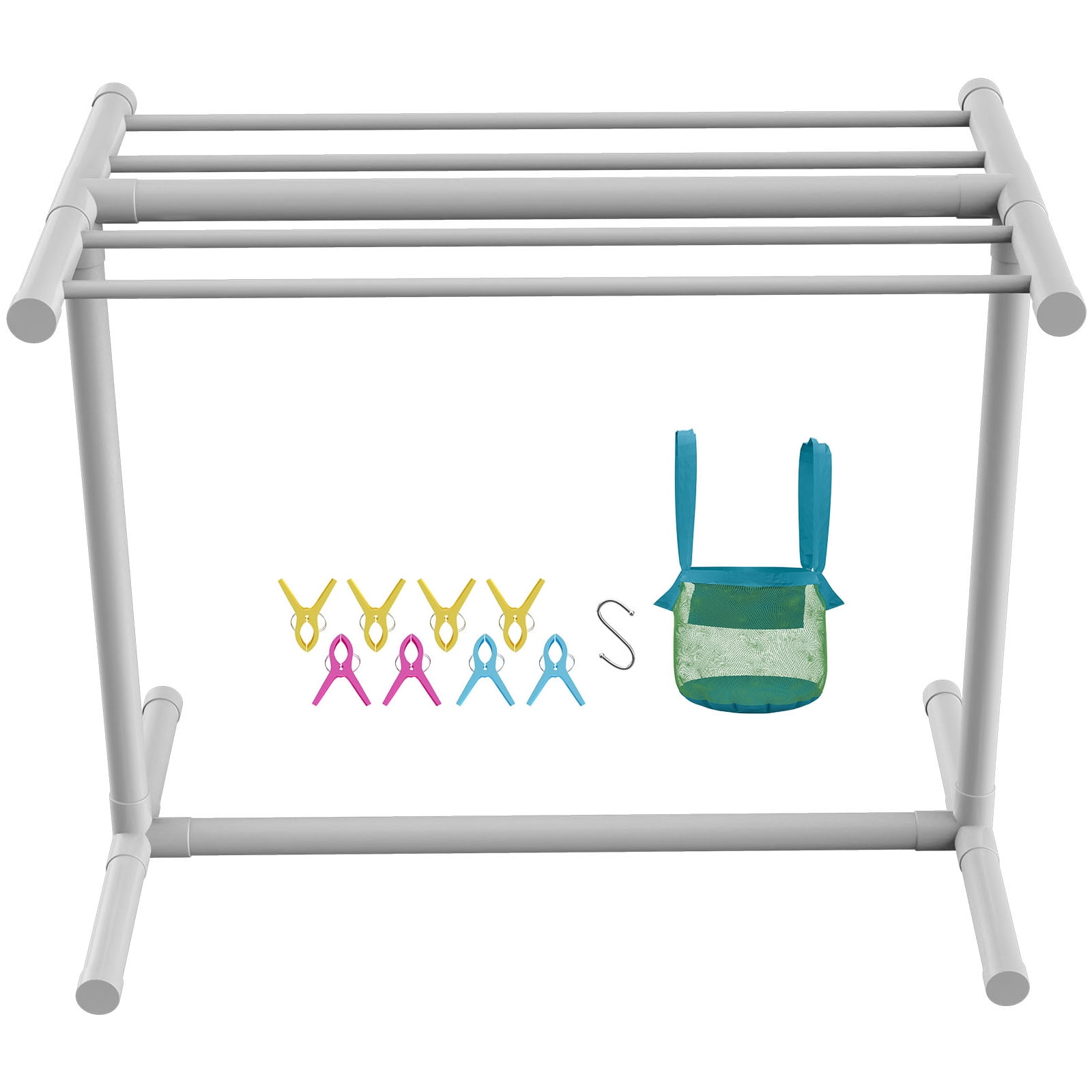 SKYSHALO Freestanding White Pool Towel Rack with 5 Bars, Outdoor PVC T-Shape Storage for Poolside, Comes with 8 Clips, Mesh Bag, Hook for Towels, Floats, and Paddles, Ideal for Beach, Pool, Home