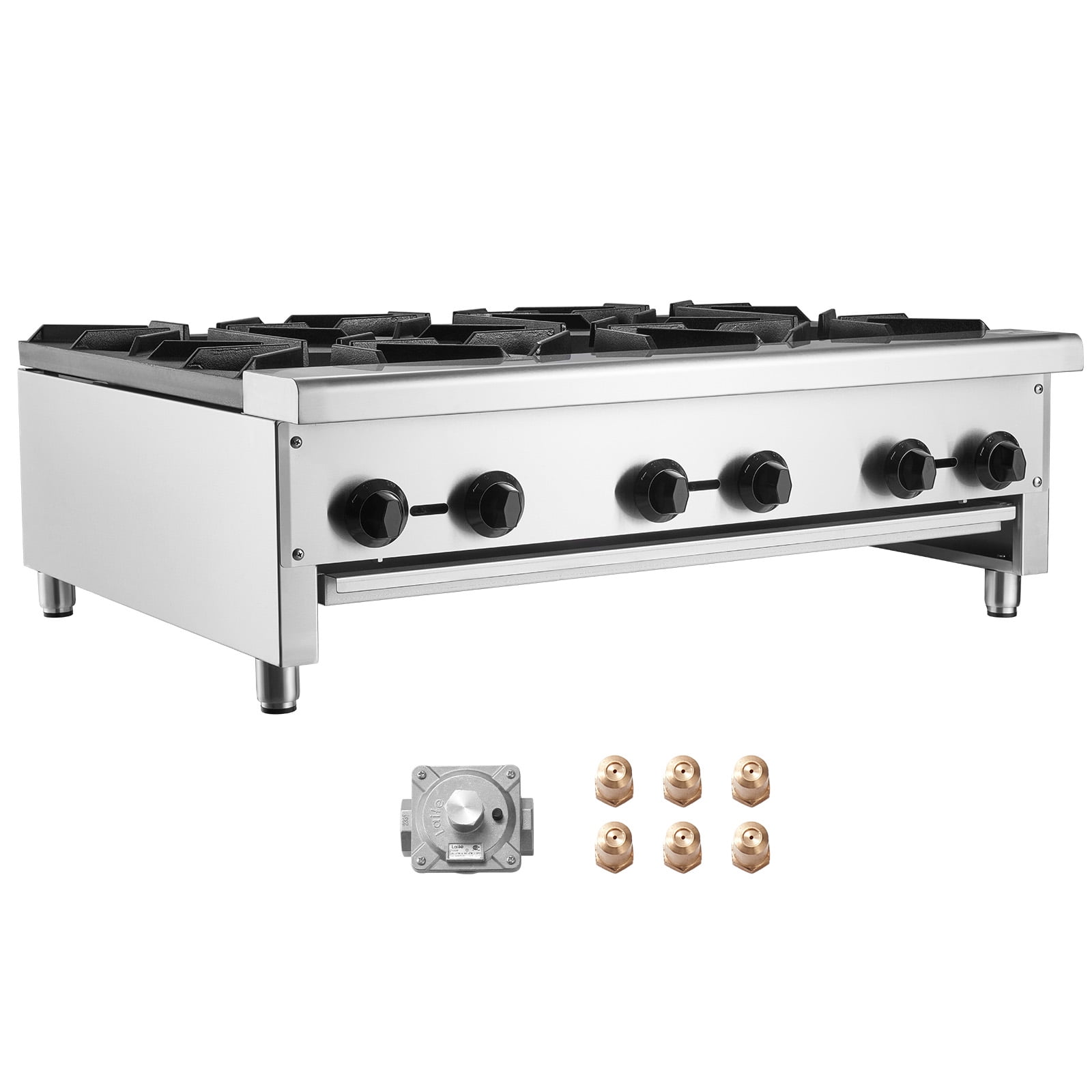 KFFKFF Gas Range for Commercial Kitchens, 6-Burner Countertop Model, Dual Fuel - Propane or Natural Gas, Made of Stainless Steel, Ideal for Restaurants, 168,000 BTU