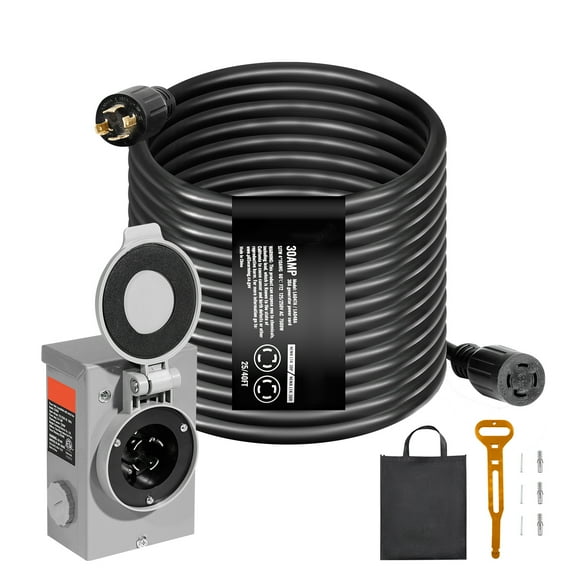 SKYSHALO Generator Cord with Inlet Box, 30 Amp 25 FT, RV Extension Cord NEMA L14-30P/L14-30R STW 10 AWG, Twist Lock Connector, Pre-Drilled Box for RV Use, ETL Certified