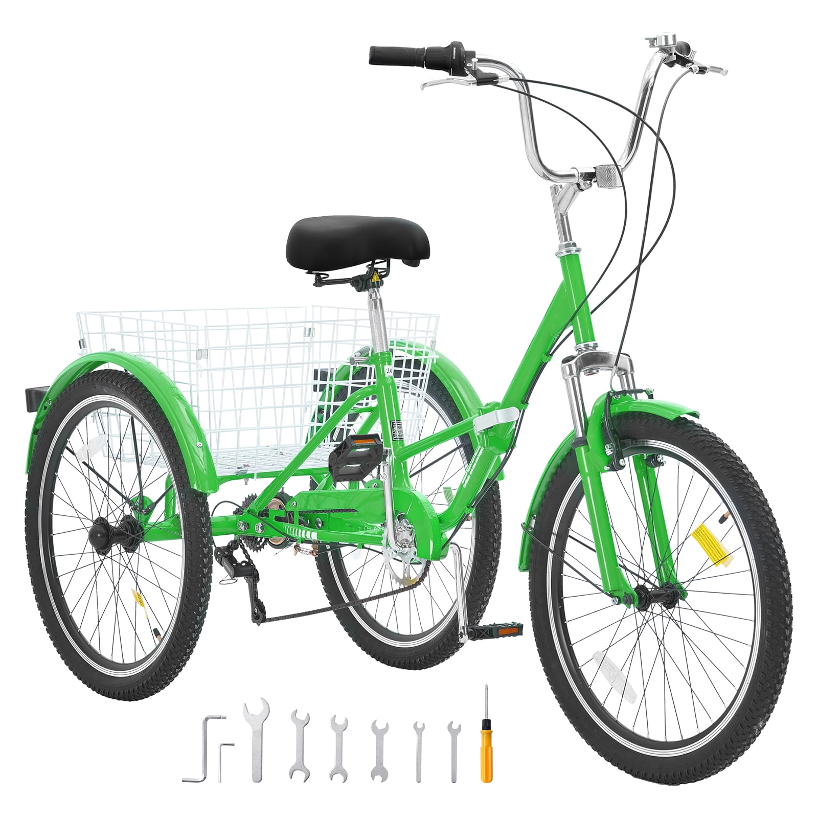 SKYSHALO Green Carbon Steel 24" 7 Speed Folding Tricycle with Basket