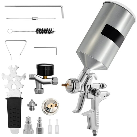 KFFKFF HVLP Spray Gun, High Performance Automotive Gravity Feed Spray Gun with 1.3/1.7mm Stainless Fluid Tip Sets, 1000cc Aluminum Cup for Auto Paint, Primer, Clear/Top Coat & Touch-Up