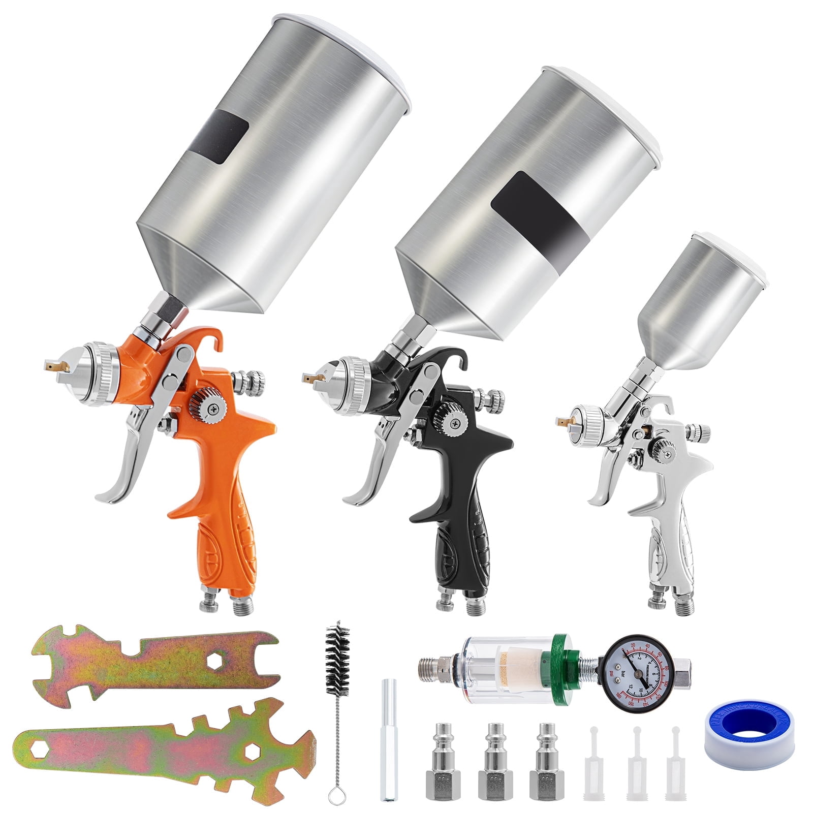 SKYSHALO HVLP Spray Gun, High Performance Professional Gravity Feed Spray Gun 2 Full Size, 1 Detail with 1.0mm 1.4mm 1.8mm Nozzles, 1000cc Aluminum Cup for Auto Paint, Primer, Clear/Top Coat