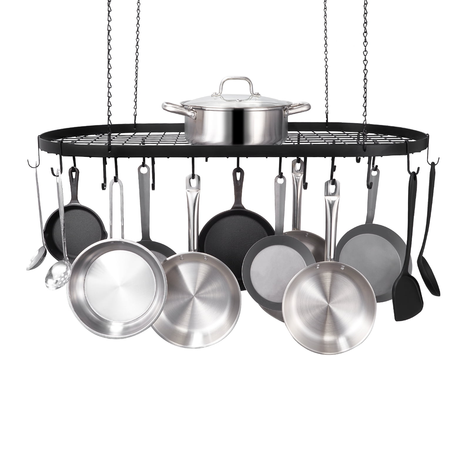 Black Carbon Steel 36-Inch Ceiling Mount Hanging Pot Rack with 20 S Hooks