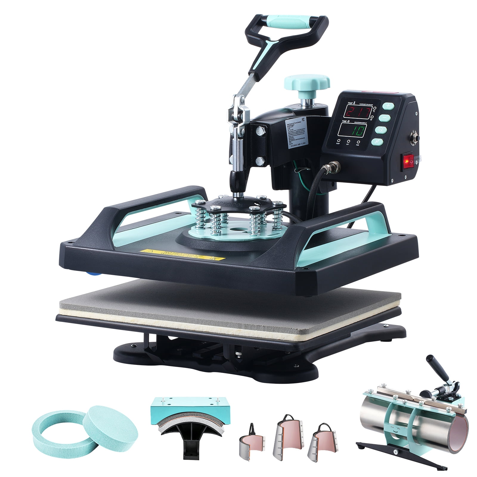 KFFKFF Heat Press, 12x15 inch, 8-in-1 Transfer Device with 30 oz Cup Press, Swivels 360°, Digital Control for T-Shirts/Mugs/Caps/Dishes, Teflon-Coated, Black and Green