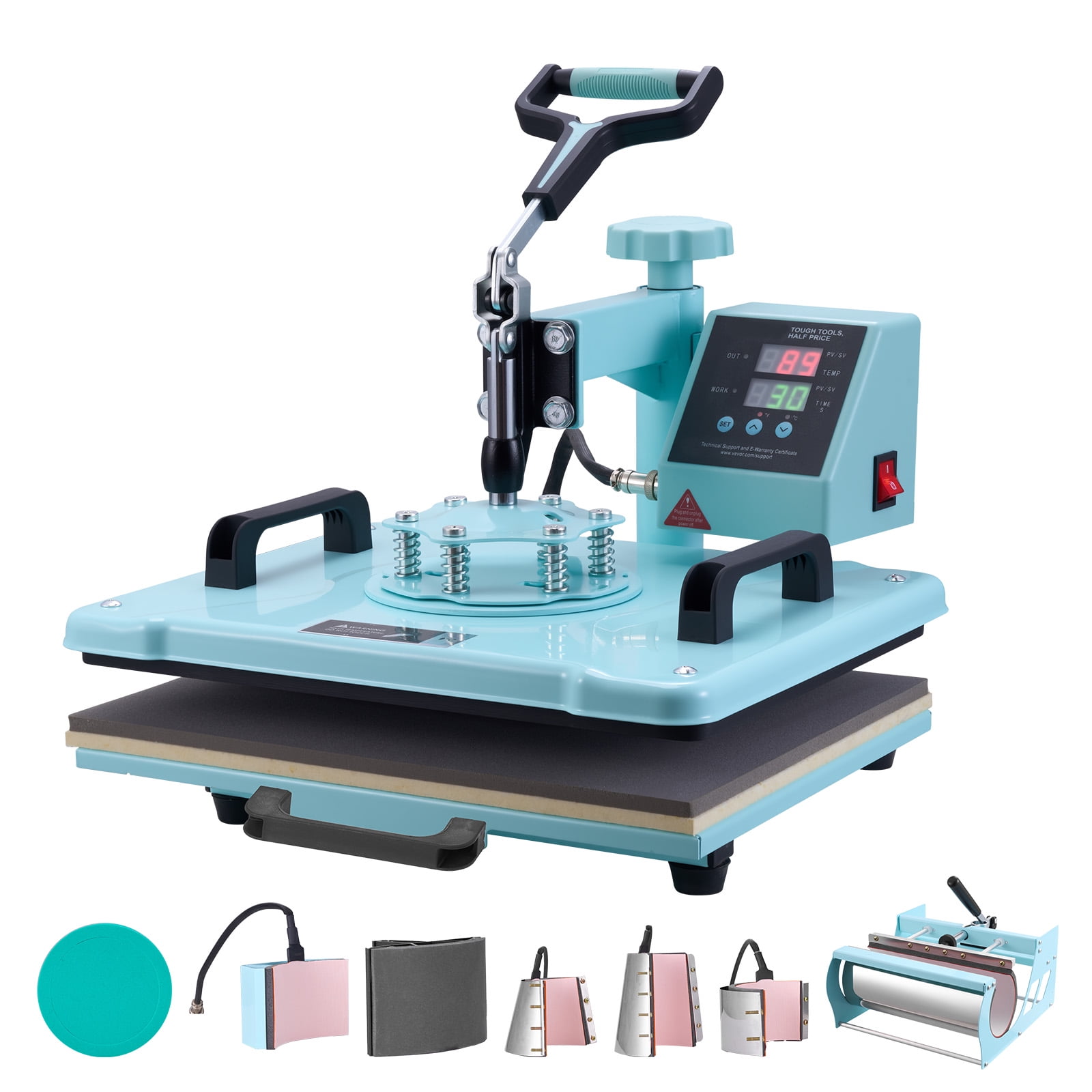 SKYSHALO Heat Press, 12x15 inch, 8-in-1 Transfer Tool, Includes 6-30 oz Cup Press, 360° Rotatable T-Shirt Application, Accurate Digital Settings, for Apparel/Mugs/Caps/Dishes, Green