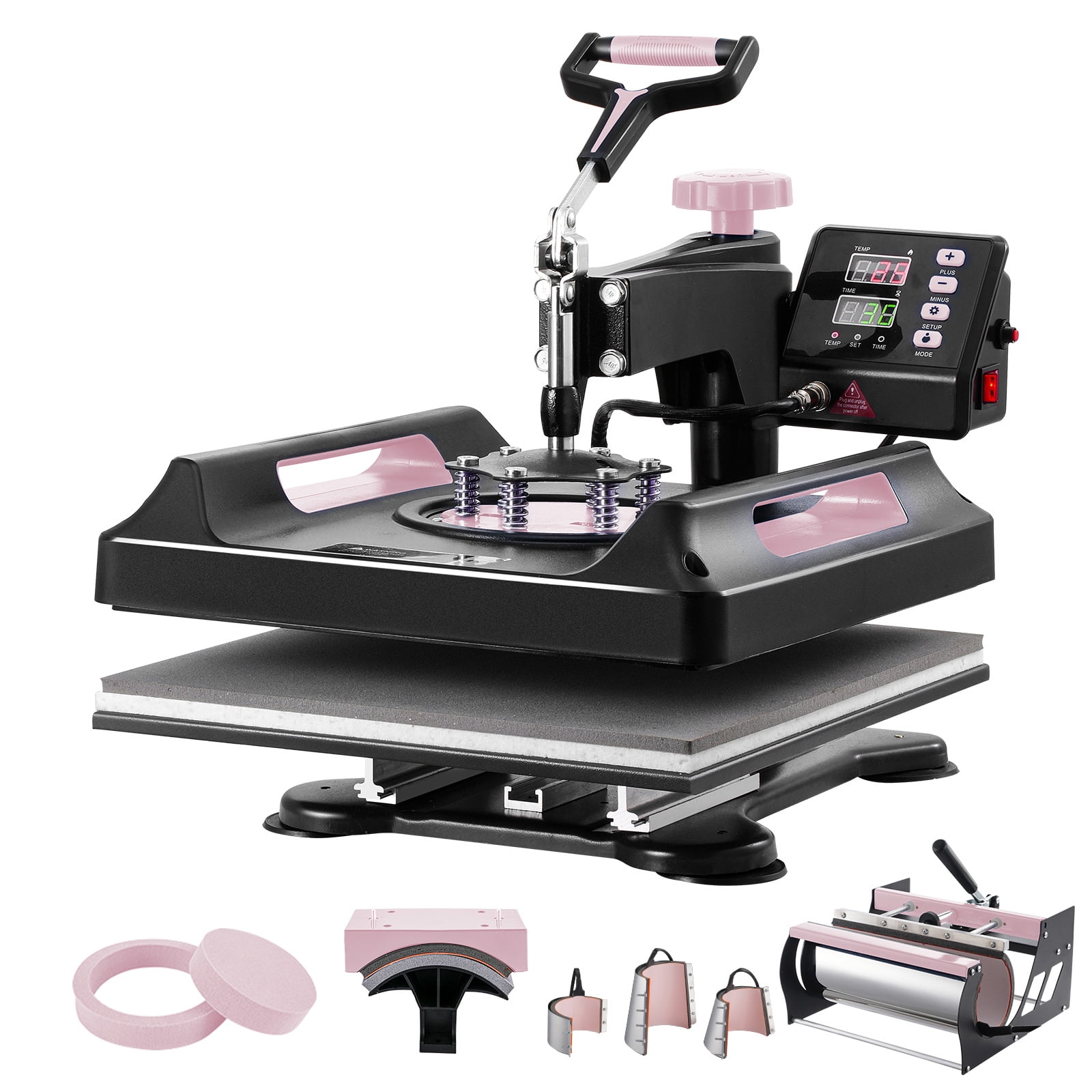 KFFKFF Heat Press, 15x15 inch, 8-in-1 Transfer Device with 30 oz Cup Press, 360° Rotating Digital T-Shirt Printer, Teflon Coated, for Apparel/Mugs/Caps/Dishes, Black