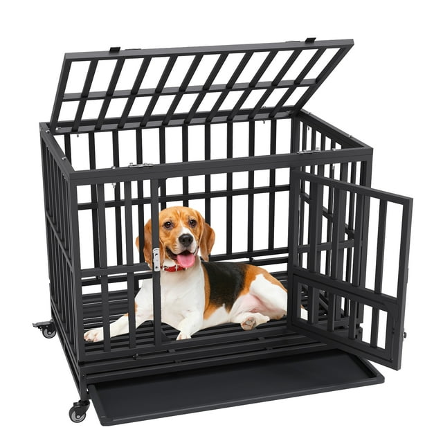 SKYSHALO Heavy Duty Dog Crate 38 in Metal Dog Kennel with Wheels and