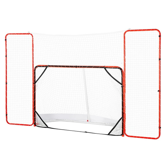 KFFKFF Hockey Net Set with Side Barriers & Aiming Points, Durable Street Hockey Steel Frame, 72" Practice Goal Kit, Movable for Both Indoor & Outdoor Use, Quick Setup, White & Red