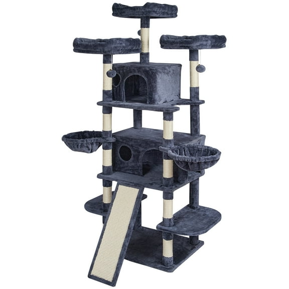 KFFKFF Cat Tree Tower 68.5" Indoor Cat Climbing Frame, Multi-Level Playhouse with Dual Kitty Condos, Sisal Posts, Hammocks, Elevated Lookouts, Activity Platforms, Ramp, and Play Balls (Dark Grey)